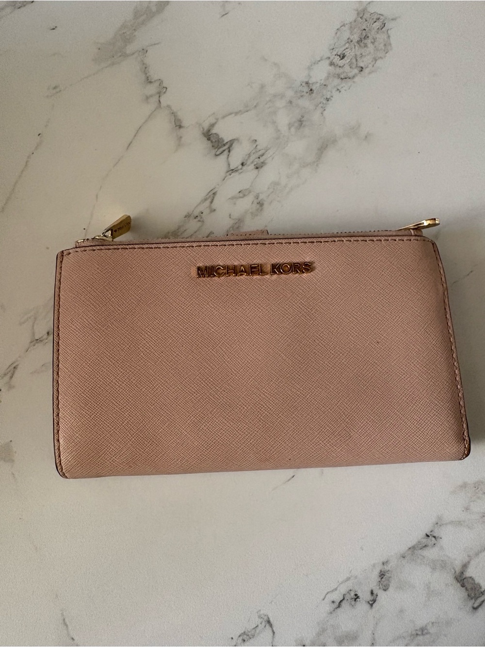 Michael Kors Blush Saffiano Zip Wallet with Gold Hardware